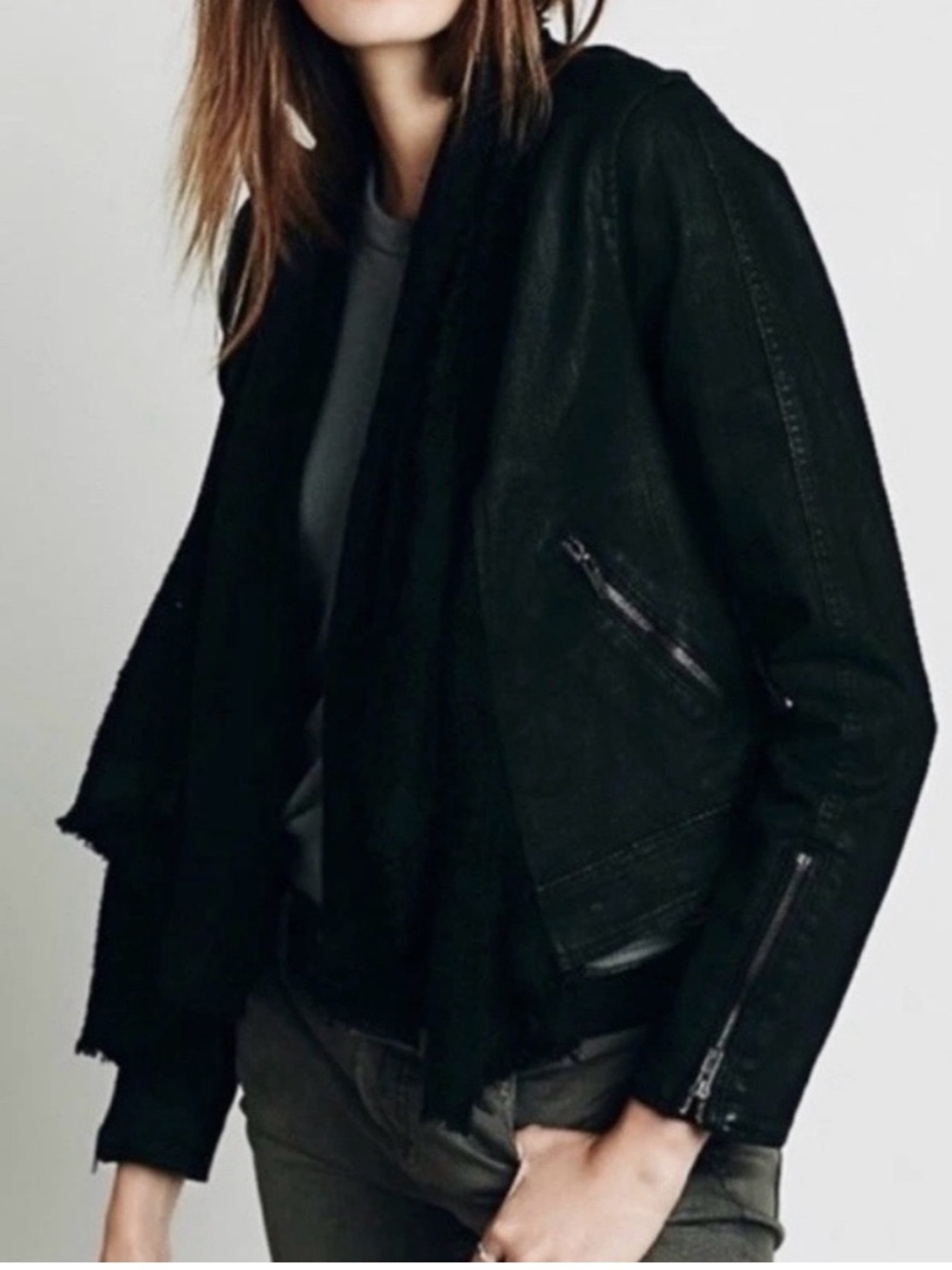 Free People Black Women's Moto Jacket with Zip Details